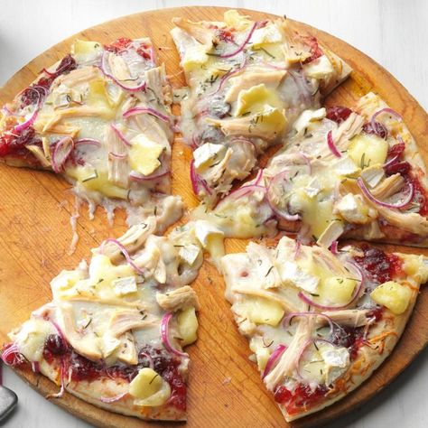 Cranberry, Brie & Turkey Pizza Brie Pizza, Blue Cheese Pizza, Pizza Variety, Turkey Pizza, Brie Cranberry, Cheese Crust Pizza, Turkey Tetrazzini, Cranberry Brie, Thanksgiving Turkey Leftovers