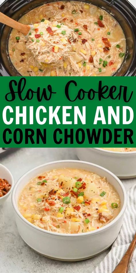 Crock pot chicken corn chowder recipe - easy chicken corn chowder Easy Chicken Corn Chowder, Crockpot Chicken Corn Chowder, Crockpot Recipes Soup, Chowder Recipes Crockpot, Corn Chowder Crockpot, Chicken And Corn Chowder, Chicken Corn Chowder Recipe, Chicken Corn Soup, Chicken And Corn