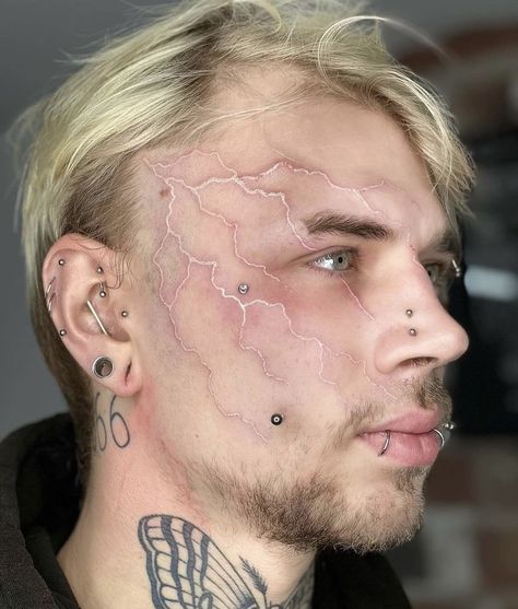 Lightening Tattoo Design, Lightning Scar Face, Ear Tattoo Lightning, Neck Tattoo Lightning, Lightning Face Tattoo, Lightning Neck Tattoo, Chin Line Tattoo, Anime Face Tattoo, White Face Tattoo