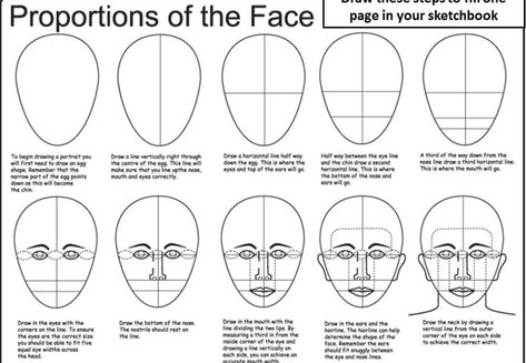 Drawing Tips 101: How to Get Better at Drawing Proportions Worksheet, Art Handouts, Facial Proportions, Face Proportions, 얼굴 그��리기, Drawing Heads, Art Worksheets, Middle School Art, Human Face