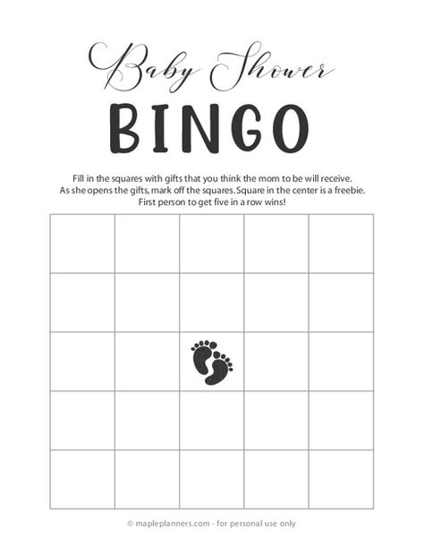 These free printable blank baby bingo cards are to be filled by the guests with the items they think the mom to be will receive. As she opens the gifts, guests check off each square. First person to get five in a row wins! Baby Bingo Free Printable, Blank Bingo Cards Printable, Free Baby Shower Games Printables, Baby Shower Bingo Free Printable, Baby Shower Gift Bingo, Blank Bingo Cards, Free Baby Shower Games, Bingo Sheets, Bingo Template