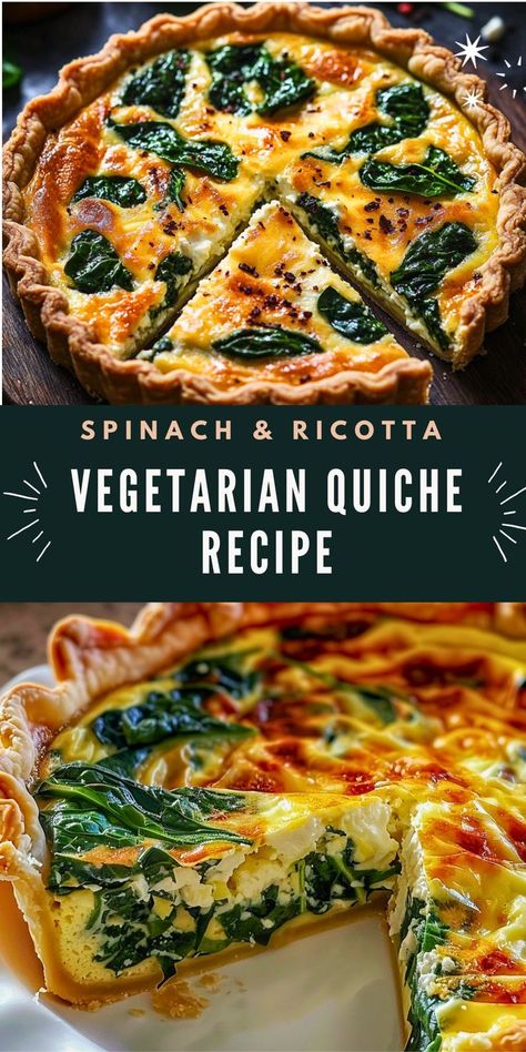 A golden-brown spinach and ricotta quiche, featuring vibrant green spinach leaves and creamy ricotta filling, all encased in a flaky puff pastry crust. Ricotta And Spinach Quiche, Ricotta Spinach Quiche, Quiche Recipes Vegetarian, Vegan Quiche Recipes, Spinach Ricotta Quiche, Veggie Recipes Breakfast, Quiche Vegetarian, Puff Pastry Quiche, Quiche With Spinach