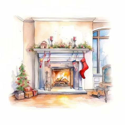 Fireplace Watercolor, Seasonal Pictures, Festive Fireplace, Fireplace Drawing, Winter Whimsy, Xmas Drawing, Watercolour Cards, Paint Fireplace, The Mantle