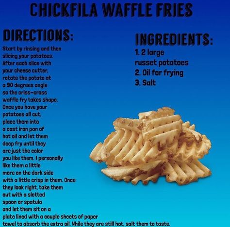 Chick-Fil-A waffle fries Recipe Waffle Fries Recipe, Homemade Recipe Books, Kitchen Witch Recipes, Disney Dinner, Tummy Yummy, Geek Food, Waffle Fries, Disney Recipes, Copykat Recipes