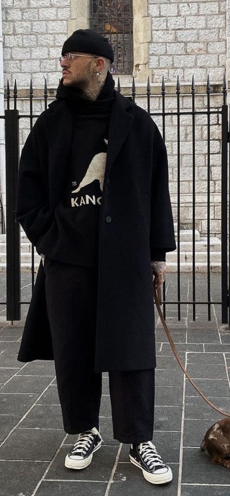 Trench Coat Sneakers Outfit Men, Men Long Coat Street Style, Black Wool Coat Outfit Men, Pee Coat Outfits Mens, Big Coat Outfit Men, Mens Nyc Winter Outfits, Black Trench Coat Outfit Men Casual, All Black Club Outfit Men, Mens Winter Outfits 2023