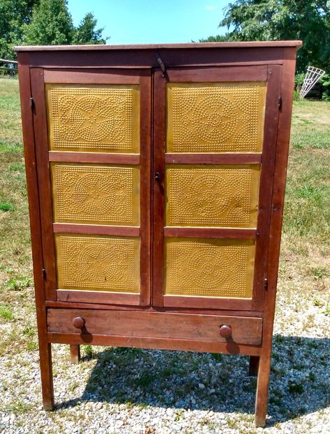 Antique Pie Safe Cupboard w 12 Punched Tin Panels w Drawer 1860s Dark Yellow Paint, Antique Pie Safe, Sugarcreek Ohio, Pull Out Drawer, Tin Panel, Punched Tin, Pie Safe, Retro Industrial, Antique Farmhouse