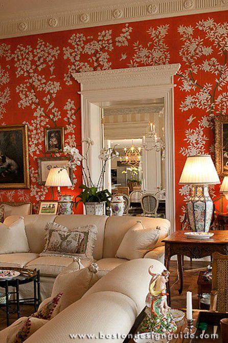 Metric Corporation Suburban Home, Orange Rooms, Trendy Interior Design, Boston Design, Deco Rose, Interior Design Color, Design Salon, Chinoiserie Wallpaper, Chinoiserie Chic