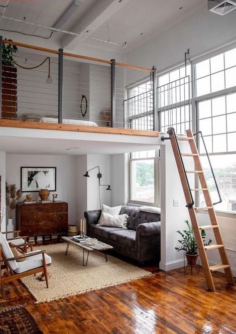 Before & After: A 600-square-foot studio is an example of furnishing a beautiful home on a small budget. #smallspaces #studioapartment #studiodecor #apartmentdecor #apartmentdecoratingideas Loft Studio Apartment, Design Casa Piccola, Lofted Bed, A Loft Bed, Wohne Im Tiny House, Tiny Office, Public Housing, Casa Loft, Housing Ideas