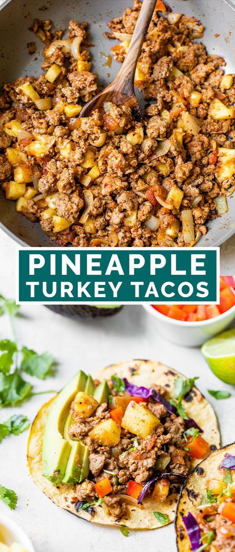 Delicious and flavorful Pineapple Turkey Taco recipe, a healthy dinner ready in 20 minutes for an easy weeknight meal. Gluten free and paleo friendly. Easy Paleo Ground Turkey Recipes, Paleo Recipes Ground Turkey, Pollotarian Diet Healthy Recipes, Sheet Pan Ground Turkey Recipes, Healthy Dinner Recipes With Turkey Meat, Dinner Recipes For Ground Turkey, Ground Turkey And Pineapple Recipes, Group Turkey Recipes Healthy, Pineapple Turkey Tacos