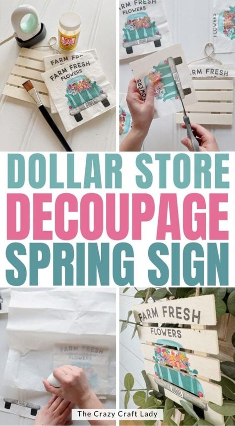 dollar store spring decoupage sign Decoupage Signs Diy, Easter Decoupage Ideas, Dollar Tree Spring Crafts, Spring Dollar Store Crafts, Craft Spring, Craft Room Organization Diy, Tree Projects, Easter Wood Crafts, Shabby Tree