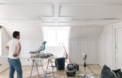 Wall Molding Slanted Ceiling, 3rd Floor Master Suite, Wall Molding Angled Ceiling, Slanted Bedroom, Angled Ceiling Bedroom, Parisian Bedroom, Attic Office, Suite Ideas, Angled Ceiling