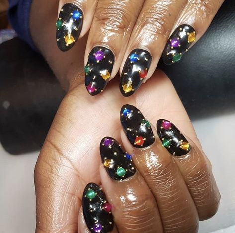 Jewel Nail Art, Glossy Black Nails, Coloured Nails, Nail Jewels, Jewel Colors, Rainbow Nails, Cute Nail Art, Ombre Nails, Black Nails