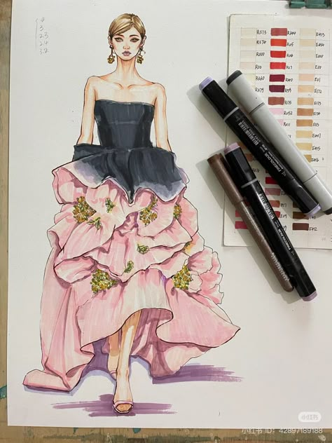 Haute Couture Dress Drawing, Floral Dress Illustration Fashion, Flower Inspired Dress Illustration, Sequins Illustration Fashion Sketches, Haute Couture Sketches Illustration, Fashion Design Books, Bridesmaid Saree, Dress Illustration, Fashion Drawing Tutorial