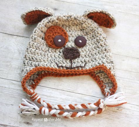 Crochet Puppy Hat Pattern - Repeat Crafter Me Puppy Hat Crochet, Kat Haken, Puppy Hats, Crochet Animal Hats, Bandeau Au Crochet, Repeat Crafter Me, Crochet Baby Beanie, Crochet Dog Patterns, Hat Patterns Free