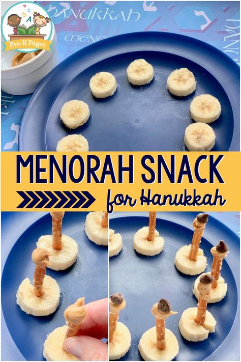 Hanukkah snack for preschool. Did you know that Hanukkah begins at sunset on December 10, 2020? There are many Christmas activities for kids out there, but I have found very few for Hanukkah. Here is a super easy and tasty Hanukkah snack you can make at home or in the classroom along with a list of my favorite Hanukkah books. Head over to the blog to get the Hanukkah Menorah Recipe and see the full book list. #Hanukkah #menorah #snack Hanukkah Activities For Preschoolers, Preschool Chanukah Activities, Hannukah Lessons For Kids, Hanukkah Snacks For Kids, Hanukkah Recipes For Kids, Hanukkah Food For Kids, Preschool Hannukah Craft, Hanukkah Stem Activities, Hanukkah Toddler Crafts