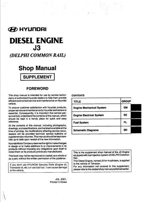 This manual content full service and repair instruction used by mechanics around the nation. All major topics are covered complete Step-by-step instruction, diagrams, illustration, wiring schematic, and specifications to repair and troubleshoot. With this manual on hand, you will have 100% confident to do a repairing and services with your own. This Hyundai Terracan J3 series diesel engine service manual / repair manual can easily help you with any repairs that you may need to do. Hyundai ... Common Rail, Repair Manuals, Diesel Engine, Step By Step Instructions, Full Service, Step By Step, Engineering, Repair