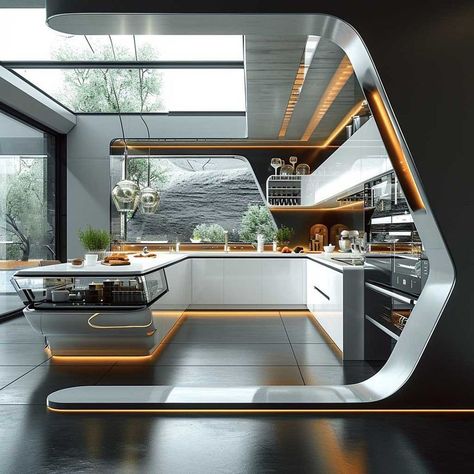 Futuristic Interior Architecture, Space Age Modern Interior, Us House Design, House Design Futuristic, Modern Interior Architecture, Villa House Design Dream Homes, Futuristic House Design Interiors, Interior Design Technology, Innovative Kitchen Design