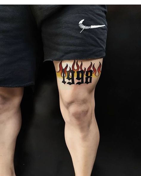 Flame Age 1998 Leg Tattoo, 1998 Tattoo Men, Simple Tattoos Men Leg, Tattoo For Legs, Mens Knee Tattoo Ideas, Cool Leg Tattoos For Guys, Legs Tattoo Men, Above Knee Tattoo Men, Over Knee Tattoo Men