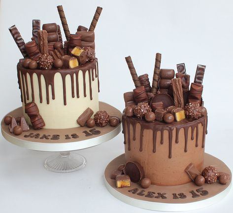 chocolate overload cakes | For twin 15 year olds who love ch… | Flickr Sweet Drip Cake, Cake Decorated With Chocolates, Chocolate Frosted Birthday Cake, Birthday Cake Christmas Theme, Chocolate Cake Birthday Ideas, Chocolate Overload Cake Birthdays, Loaded Chocolate Cake, Chocolate Themed Birthday Cake, Chocolate Loaded Cake Decoration