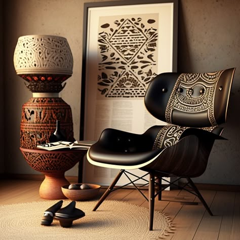 African Style Office Interior Design, African Mid Century Modern, Afro Interior Design, Afro Modern Decor, African Furniture Design, Afro Bohemian Style Decor, Furniture Ideas Bedroom, African Decor Living Room, Modern African Decor