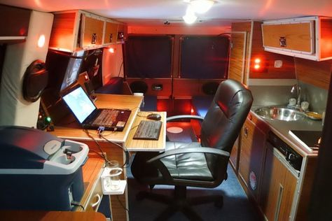 Man's DIY Stealth Camper Van with a Mobile Office Inside Stealth Van Living, Van Conversion Office, Micro Office, Stealth Camper Van, Stealth Van, Office Van, Van Office, Van Conversion Ideas, Kombi Home