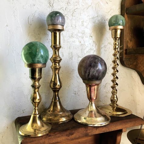 Rainbow Fluorite Crystal Ball Vintage Candelabra Stand // Natural Fluorite Gemstone Polished Sphere Display Specimen Witch Boho Decor - Etsy Gemstones Decor, House Decor Witchy, Witch Core Decor, Crystal House Decor, Alchemy Decor, Displaying Crystals In Home, Apothecary Decor Ideas, Crystals Decor, Boho Witchy Decor