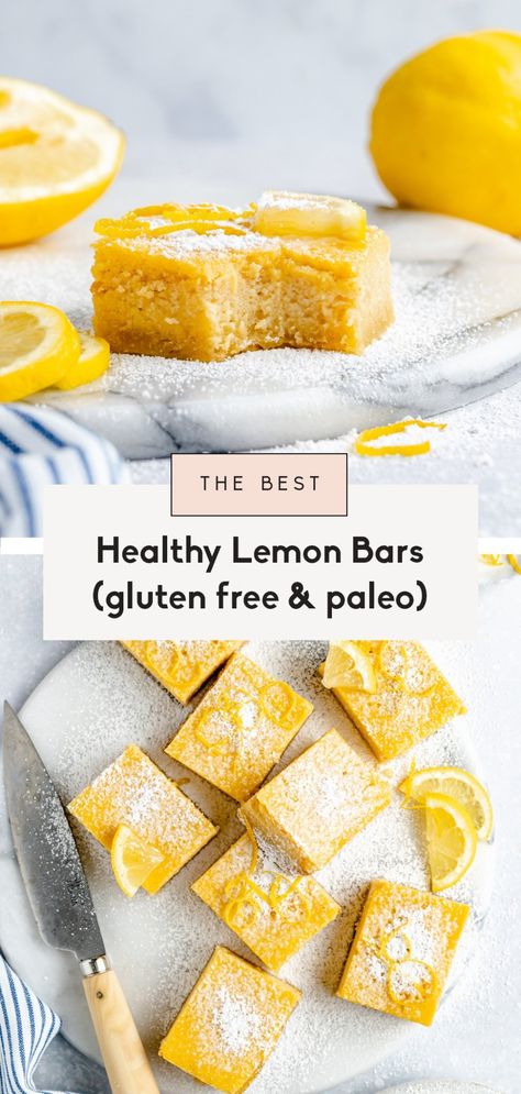 The best healthy lemon bars that are gluten free, dairy free and paleo! The delicious shortbread crust is made with a mix of almond & coconut flour, and the light lemon filling is made with just 4 simple ingredients. These healthy lemon bars are naturally sweetened for the perfect spring treat! #lemonbars #glutenfree #healthydessert #paleodessert #glutenfreedessert #dairyfree Healthy Lemon Slice, Healthy Lemon Desserts, Healthy Lemon Bars, Raw Slice, Mediterranean Diet Snacks, Mediterranean Desserts, Gluten Free Lemon Bars, Bars Gluten Free, Lemon Bars Recipe