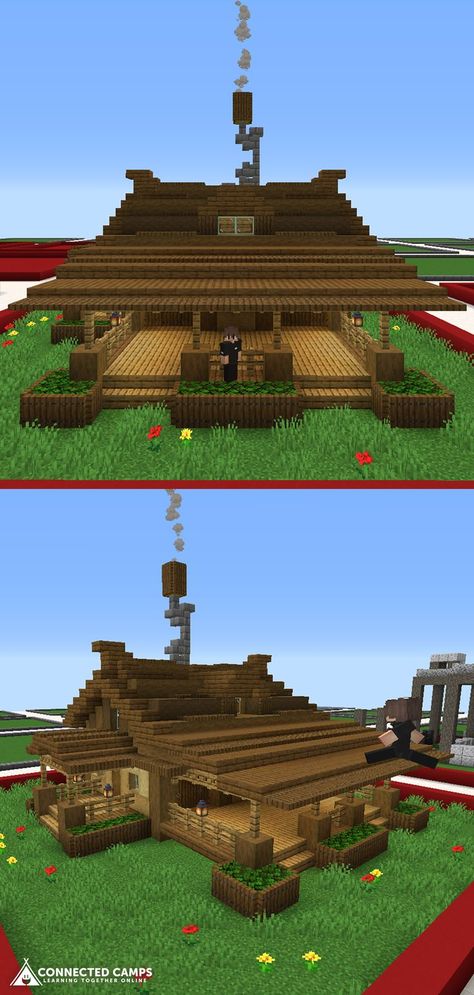 Completed with a unique chimney, here's a simplistic rustic Minecraft home with a big front porch and side door! Good for creative or survival builds. Inspired by real architecture! Big Survival House Minecraft, Front Door Minecraft, Minecraft Chimney Ideas, Minecraft Porch Ideas, Chimney Minecraft, Minecraft Front Door Ideas, Minecraft Porch, Minecraft Chimney, Minecraft Rustic