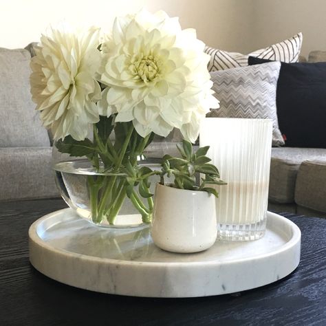 Oliver round marble tray hand crafted from Italian Carrara marble White Tray Decor Coffee Table, Marble Centerpieces, Decorating Trays Ideas, Marble Tray Decor Coffee Tables, Marble Tray Decor Kitchen, Circle Tray Decor, Marble Trays Coffee Table, White Tray Decor, Marble Plates Decoration