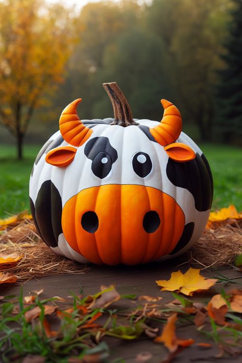 Cow Pumpkin Painting Idea Cute Punkin Ideas, Cow Pumpkins Painting, Pumpkin Art Contest, Pumpkin Inspiration Painting, Pumpkin Cow Painting, Painted Cow Pumpkins, Halloween Cow Painting, Pumpkin Cactus Painting, Painted Pumpkin Animals