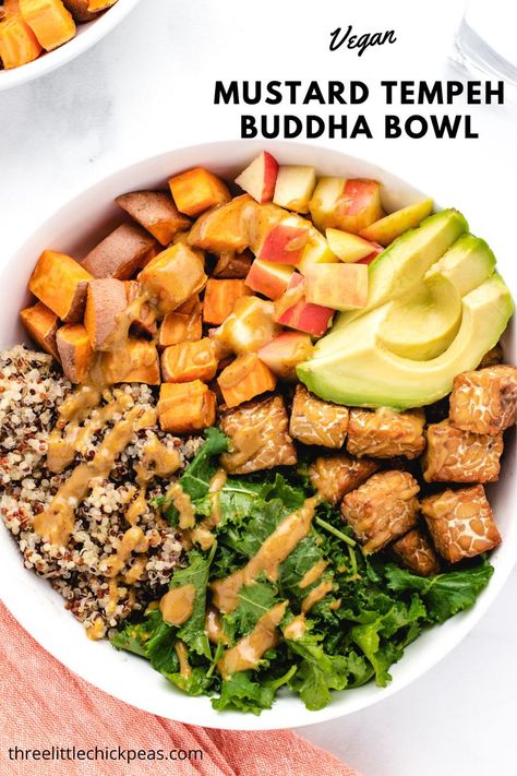 mustard tempeh buddha bowl with diced apples, sliced avocado, kale, quinoa, and sweet potatoes Tempeh Sweet Potato, Tofu Buddha Bowl, Bbq Tempeh Bowl, Tempeh Quinoa Bowl, Tempeh Buddha Bowl, Marinated Tempeh, Sweet Potato Bowls, Vegan Buddha Bowl, Quinoa Sweet Potato