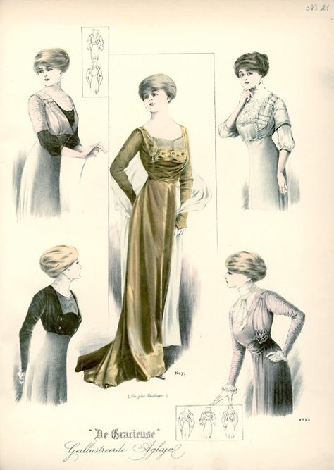 Dress and bodices, 1909 the Netherlands, De Gracieuse 1908 Fashion Plate, 1910 Fashion Plate, Sky Costume, 1900 Fashion Plate, Fashion Printables, 1908 Fashion, 1909 Fashion, Edwardian Fashion Plates, Silent Sky