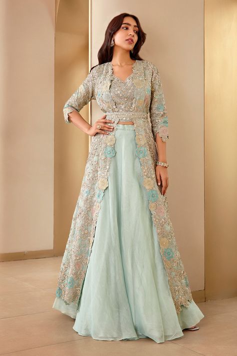 Shop for Osaa by Adarsh Blue Tissue Floral Embroidered Jacket Lehenga Set for Women Online at Aza Fashions Indian Jacket Dresses For Women, Traditional Jackets For Women Indian, Jacket Lehenga Long, Jacket Style Lehenga Wedding, Coat Lehenga, Jacket Lengha, Lehenga With Jacket, Chevron Embroidery, Masquerade Gown