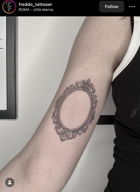 Oval Mirror Tattoo, Victorian Frame Tattoo Gothic, Cameo Frame Tattoo, Ornate Mirror Tattoo, Framed Picture Tattoo, Mirror Frame Tattoo, Vintage Hand Mirror Tattoo, Vintage Frame Tattoo Design, Antique Mirror Tattoo