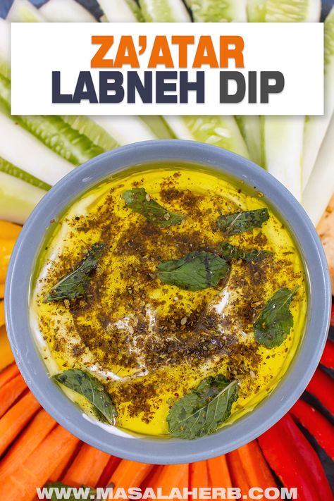 A creamy Labneh dip prepared with fresh whipped hung curd yogurt, za'atar seasoning, premium olive oil and fresh mint. I show how to make the thickest and creamiest labneh with greek yogurt from scratch at home in this recipe. Labneh Dip Recipes, Vegan Labneh Recipe, Labneh And Zatar, Lebanese Garlic Dip, Labneh Dip, Garlic Spread Lebanese, Meze Platter, Herb Recipes, Best Appetizer Recipes