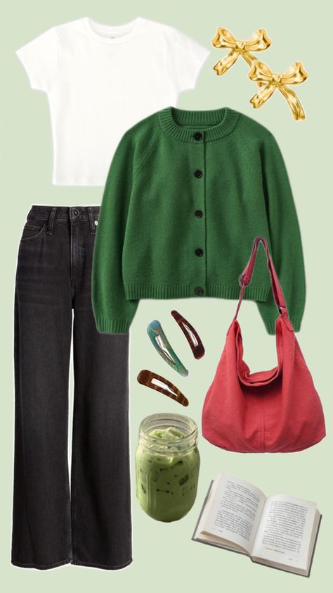 Short Green Cardigan Outfit, Quirky Outfits For Women, Green Button Up Outfit, Dublin Outfit, Earth Toned Outfits, Green Outfit Aesthetic, Ootd Moodboard, Virgo Outfits, Laufey Core