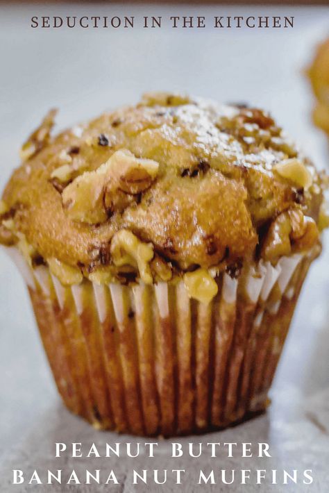 Peanut Butter Banana Nut Muffins title Banana Nut Recipes, Moist Banana Nut Muffins, Best Muffin Recipe, Banana Chocolate Chip Cookies, Peanut Butter Muffins, Peanut Butter Banana Muffins, Nut Muffins, Banana Nut Muffins, Fruit Salad Easy