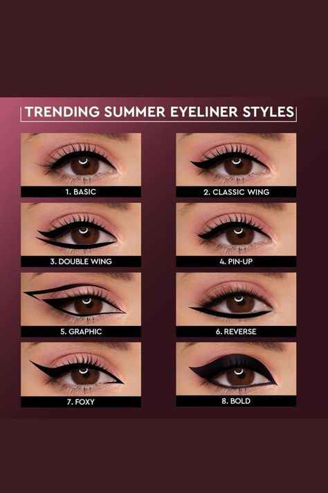 Eyeliner Styles Pictures, Eye Makeup Products List, Eye Makeup Bold Colors, Eyeliner Different Colors, Different Color Eyeliner, Perfect Eyeliner For Eye Shape, Different Styles Of Eyeliner, Styles Of Eyeliner, Cute Eyeliner Styles