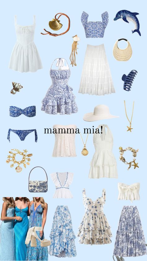 Mamma mia! vibes 🐬🐚 #mammamia #sea #greace #greek #fashion #outfits #inspiration #summer Mamma Mia Outfits, Mamma Mia Vibes, Greek Outfit, Mia Outfits, Greek Vibes, Donna Sheridan, Abba Outfits, Greece Outfit, Sea Dress