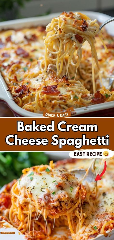 Baked Cream Cheese Spaghetti combines the comfort of pasta with a creamy, cheesy sauce. It’s an easy, satisfying meal that’s perfect for weeknights, offering a rich and delicious twist on a classic favorite. #ComfortFood #PastaLover #EasyDinners Essen, Creamy Pasta Casserole, Baked Ziti Alfredo And Marinara, Simple Recipes With Spaghetti Noodles, Creamy Speggetti Recipes, Easy Dinner Recipes With Cream Cheese, Spagetti Casseroles Baked With Cream Cheese, Pasta Dishes Baked, Chicken Cream Cheese Spaghetti