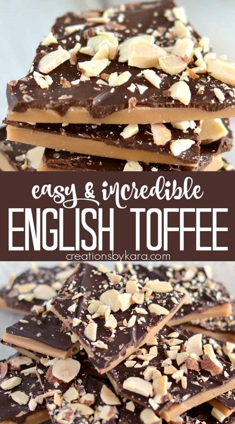 The best English Toffee recipe- so easy and so scrumptious! Homemade toffee makes great neighbor gifts for Christmas. #toffee #homemadetoffee #easytoffee #candyrecipe -from Creations by Kara Christmas Desserts For Neighbors, Easy English Toffee Recipe, Creations By Kara, English Toffee Recipe Best, English Toffee Coffee Recipe, Hard Toffee Recipe, Toffee Treats, Easy Toffee Recipe, Neighbor Gifts For Christmas