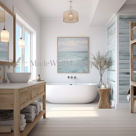 Coastal Bathroom Mock Up, Interior Mock Up, Coastal Bathroom Interior, Bathroom Interior, Coastal Interior, Coastal Mock Up, Bathroom Mockup - Etsy Coastal House Bathroom, Santorini Bathroom, Coastal Modern Bathroom, Beach House Decor Bathroom, Beachy Bathrooms, Small Coastal Bathroom, Bathroom Beach House, Modern Coastal Bathroom, Spa Bathroom Design