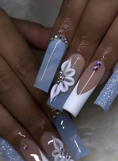 Cinderella Blue Nails For Prom, Nail Art With Rhinestones Simple, Navy Blue White Nails, Navy Blue Nail Designs For Prom, Medium Length Nails Acrylic Square Design, Vacation Nails Long, Quince Nails Pink, Promotion Nails, Cinderella Nails