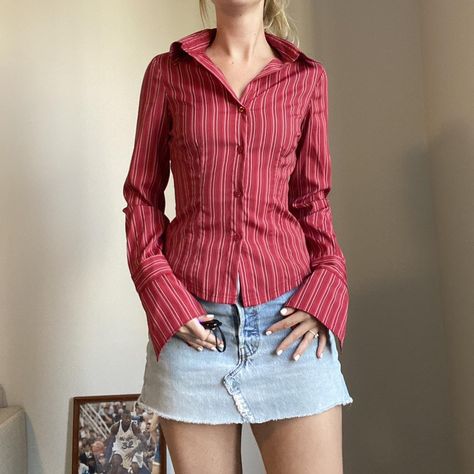 Vintage pinstripe Red blouse Details: Snatched... - Depop Blouse Details, Red Blouse, The Hand, Record Store, Red Blouses, Bell Sleeves, Cool Style, Girl Outfits, Blouses