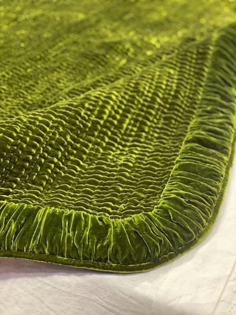 Olive Drab Silk velvet throw, Natural Silk Velvet Quilted Blanket,Soft Duvet, Quilted Bedspread, Hand-stitched Throw,  bed runner A luxurious, lightweight, reversible, thinly padded throw or bed runner in gorgeous blue silk velvet and  100% mulberrysilk . Features intricate, traditional, hand-done topstitching that matches the silk velvet and creates a lovely pattern made from individual  stitches, visible on the silk. Made of natural silk velvet and silk fabric - Soft and lightweight! The light Fairy Adventure, Green Duvet Cover, Green Bed, Castle Doors, Velvet Bedspread, Throw Bed, Bedding Throw, Quilted Blanket, Silk Quilt