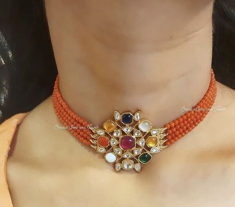 Beaded Necklace Indian Style, Corals Jewellery Indian, Coral Pearl Necklace, Pagadalu Chain Designs, Pagadalu Jewellery, Coral Beads Jewellery Indian, Coral Necklace Indian Gold, Beads Choker Necklace Indian, Pagadam Jewellery