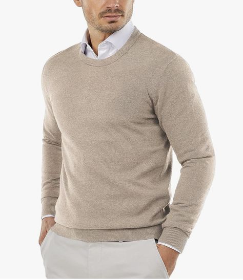 man in oatmeal crewneck neutral sweater Men Cream Sweater Outfit, Casual Cream Polo Sweater, Mens Sage Green Sweater, Luxury Cream Men's Sweater, Cream Ribbed Sweater Men, Thermal Sweater, Crewneck Style, Dressy Fashion, Round Neck Sweaters