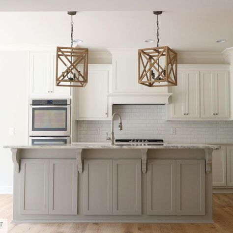 For those asking: •Island, SW Mindful Gray •Cabinets, SW Alabaster #cowartfarmhouse #crowebuilthomes Mindful Gray Cabinets, Sw Mindful Gray, Cabinet Color Combinations, Sw Alabaster, Painted Kitchen Island, Kitchen Cabinet Color, Kitchen Cabinet Color Ideas, Light Gray Cabinets, Grey Kitchen Island