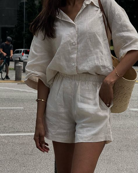 linen set for warm days ☀️ Singapore you got the vibe 🤍 linen set, linen, ootd, summer set, Pinterest girl, outfits inspiration Linen Sets Outfit, Linen Set Women, Pinterest Girl Outfits, Linen Shirt And Shorts, Linen Set Outfit, Linen Short Set, Short Set Outfit, Sets Outfit, Shirt And Shorts Set