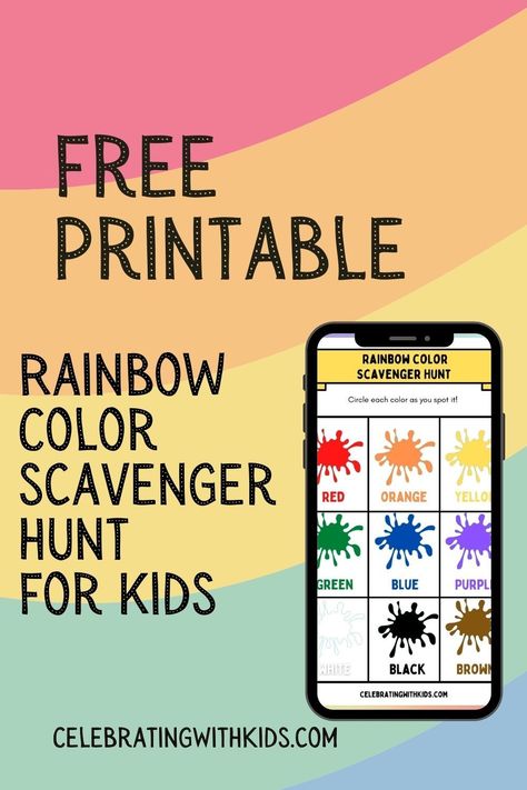 Rainbow Color Scavenger Hunt 🌈 http://celebratingwithkids.com/rainbow-color-scavenger-hunt/ Color Scavenger Hunt, Free Printable Rainbow, Five Senses Preschool, Senses Preschool, Nature Scavenger Hunt, Spring Activities For Kids, Explorers Activities, Scavenger Hunt Clues, Scavenger Hunt For Kids